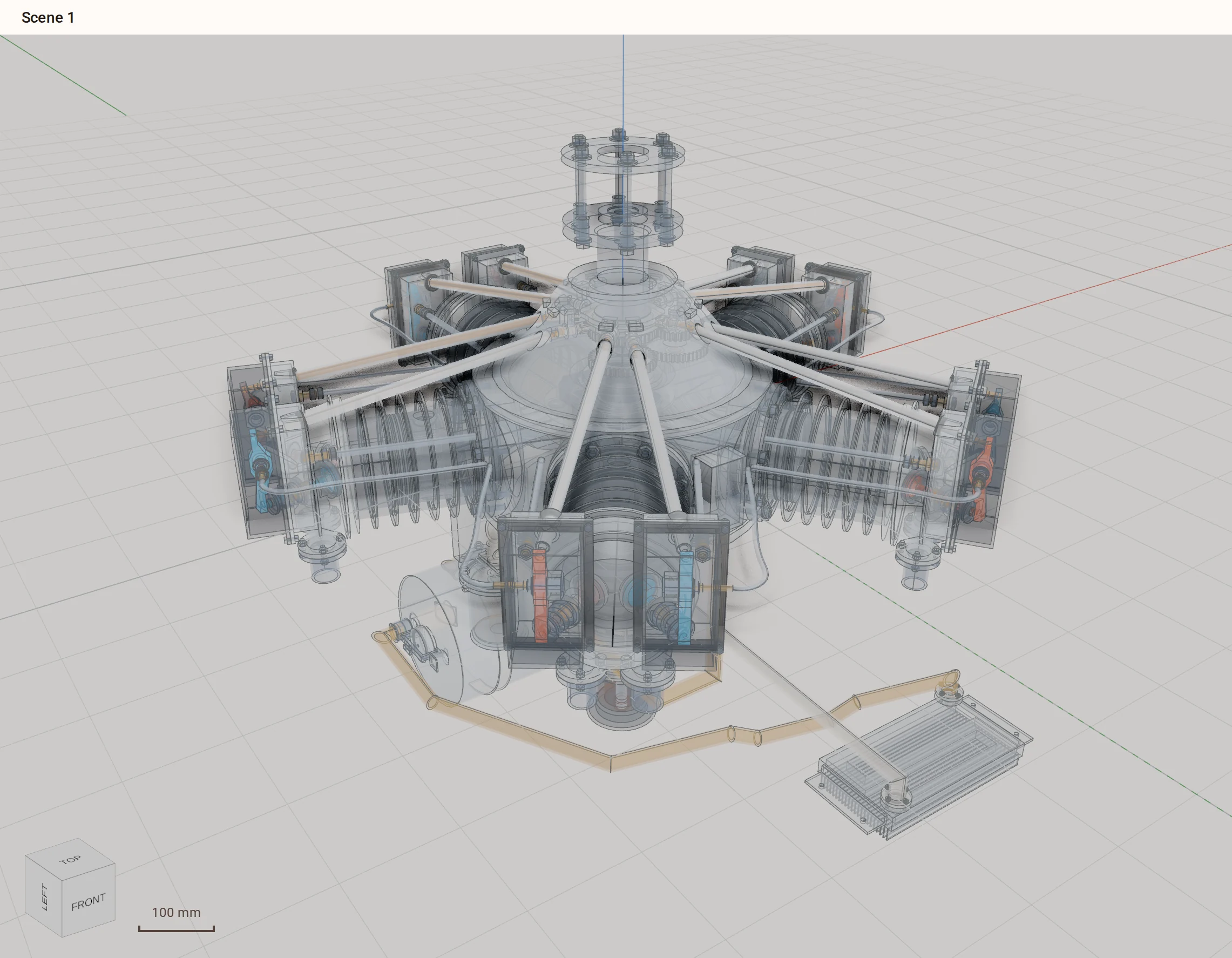 A five-cylinder radial aircraft engine modelled in Kozorosa.