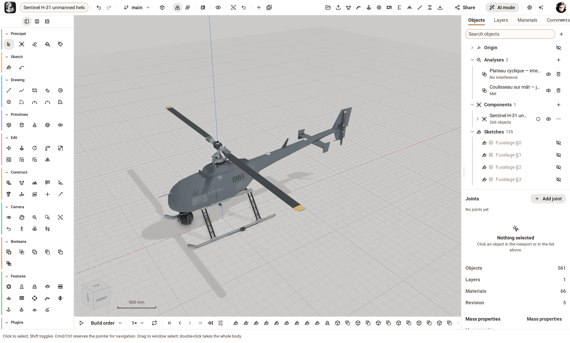 An unmanned helicopter — eight components — rotor head and swashplate, tail rotor, landing gear, EO/IR gimbal — in 7075-T6, titanium and carbon.