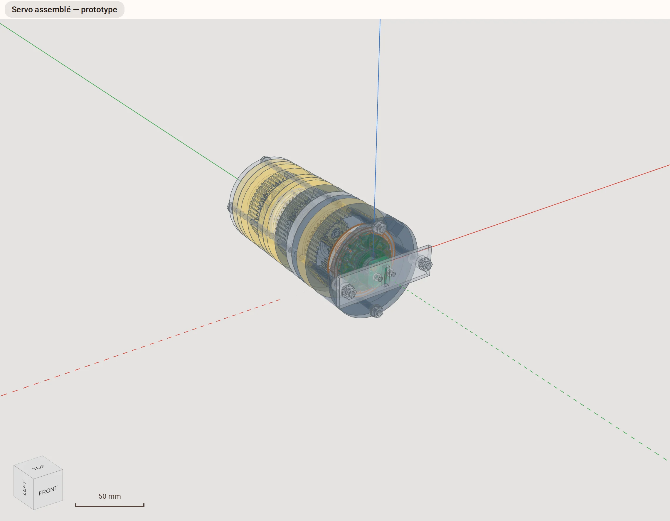 A brushless motor with its housing at 30 % opacity.