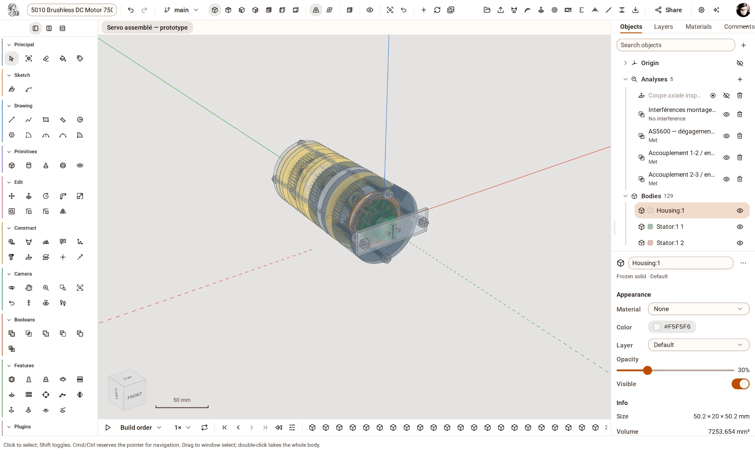 A 5010 brushless motor — 129 bodies; the housing at 30 % opacity shows stator, magnets and bearings.