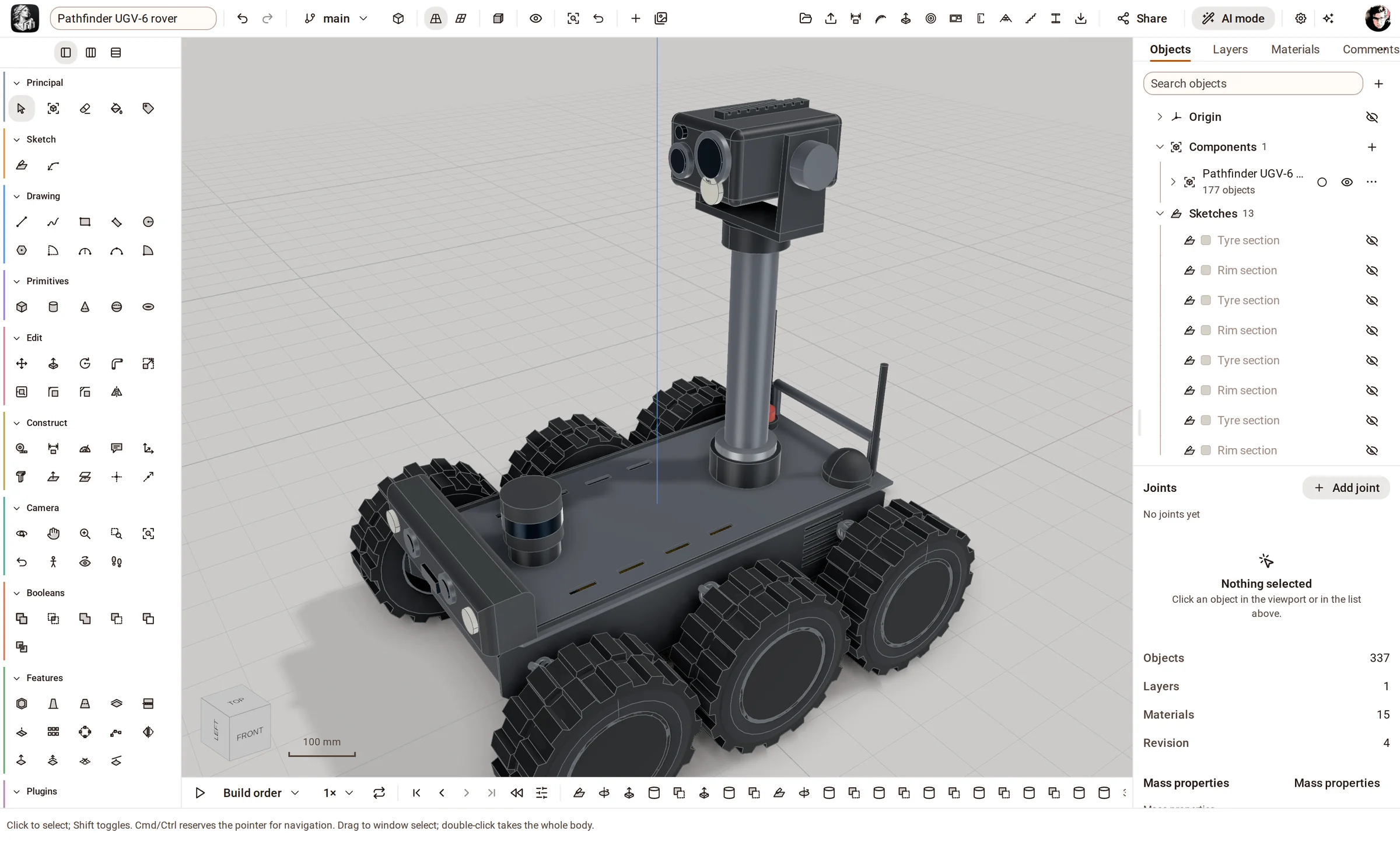 A six-wheeled rover — hub motors, trailing arms and coil-overs on six wheel stations, LiDAR and a pan-tilt mast.