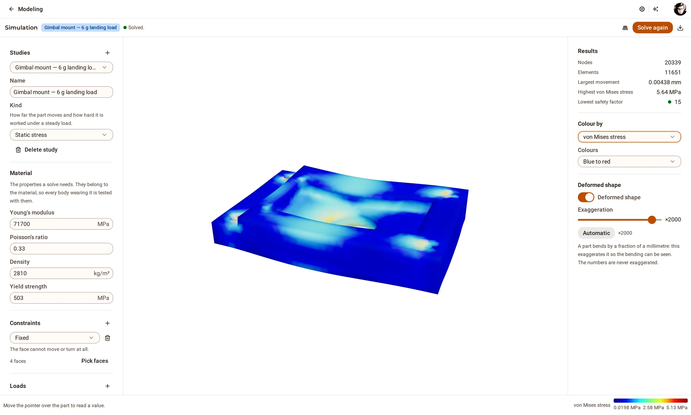 Simulation — linear static stress on the exact B-rep, coloured by von Mises stress.
