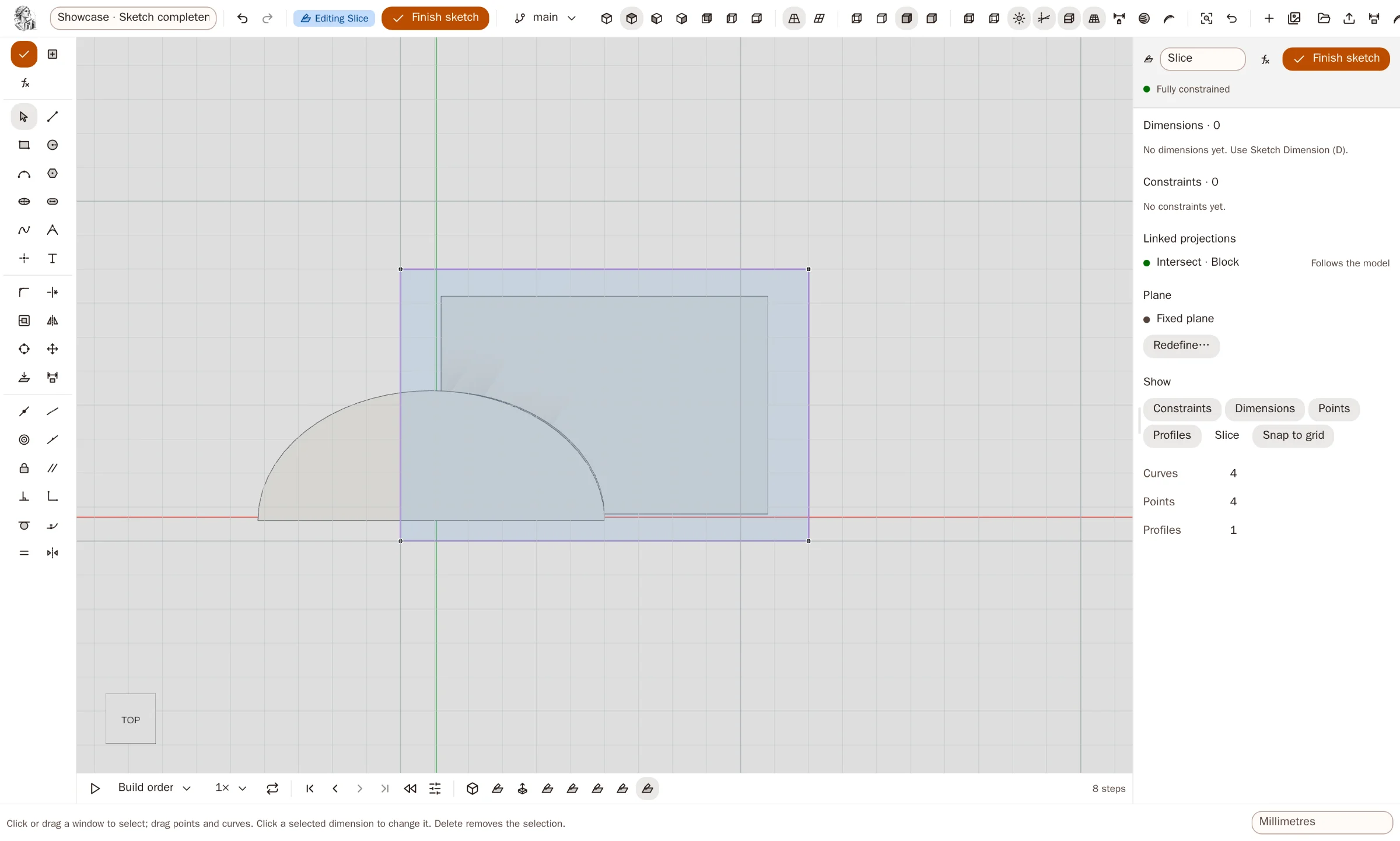 Constrained sketching — the sketch editor with its constraints and degrees of freedom.