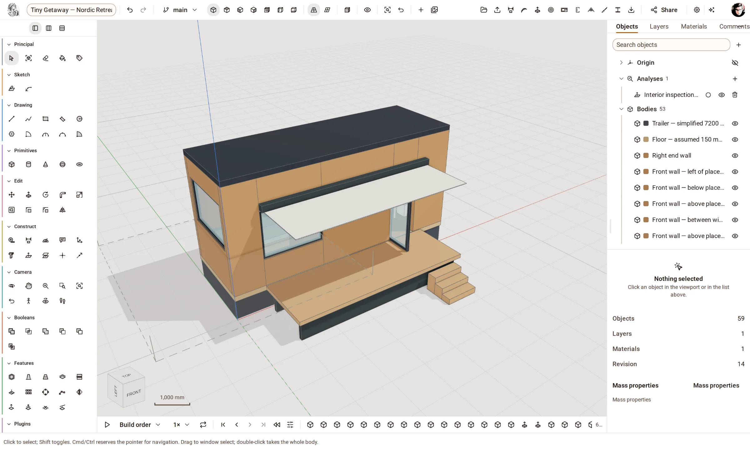 A tiny house concept — timber cladding and glazing, presented in a saved scene.