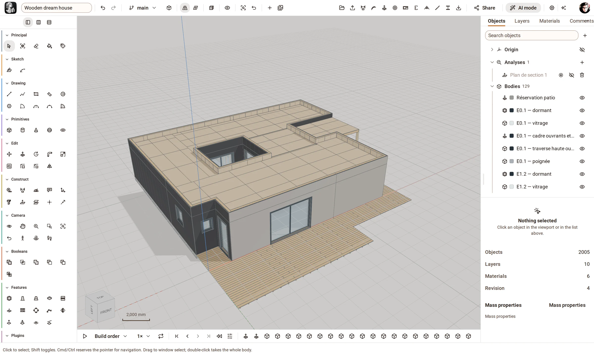 A timber house — 1,432 timber members and 427 panels laid out by the Timber module.
