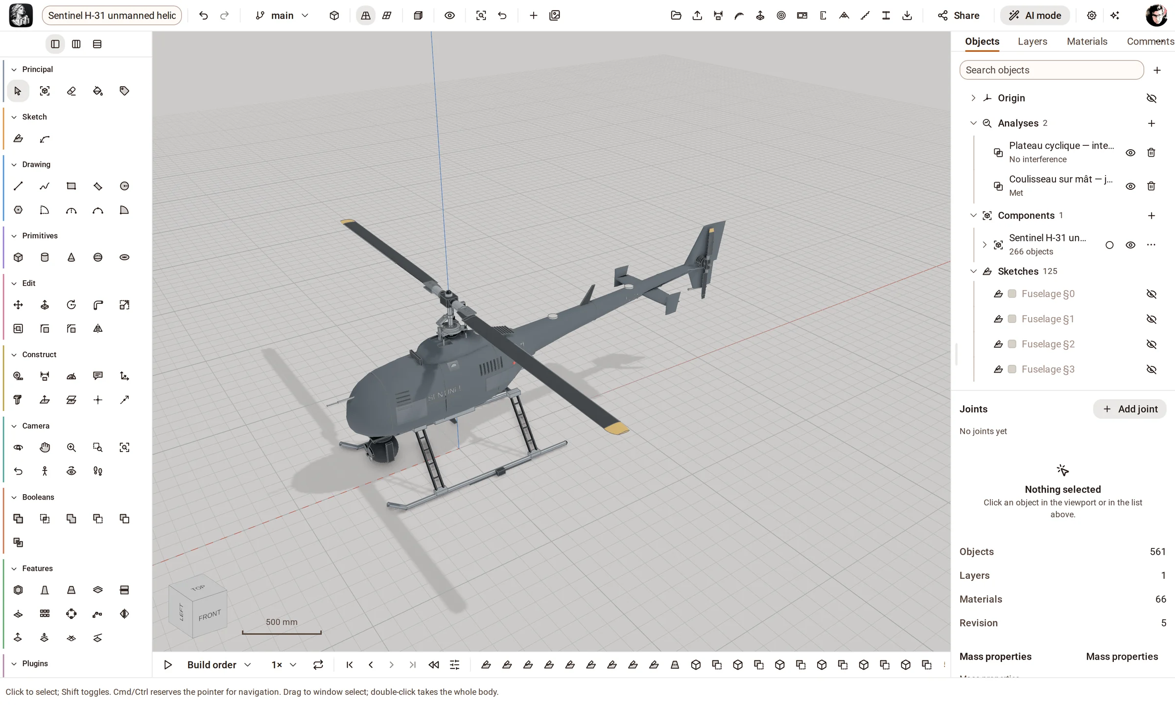 The modeling workspace — tool rail, view, browser, inspector and timeline.